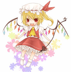 Rule 34 | 1girl, :d, ascot, bloomers, blush, bobby socks, chibi, crystal, demon wings, female focus, flandre scarlet, frills, looking at viewer, open mouth, puffy short sleeves, puffy sleeves, red eyes, red skirt, shiratama (mofutto), short sleeves, skirt, smile, socks, solo, stick, touhou, underwear, vest, white bloomers, white socks, wings