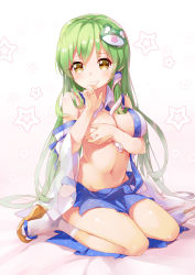 Rule 34 | 1girl, 77gl, boroe, breasts, covering privates, covering breasts, dress, gradient background, green hair, highres, kochiya sanae, medium breasts, seiza, shirt, sitting, skirt, socks, solo, torn clothes, torn dress, torn shirt, torn skirt, torn sleeves, touhou, wariza, yellow eyes
