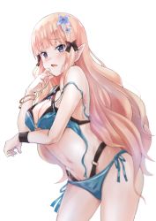 1girl, bangs, bikini, black bow, blonde hair, blue eyes, blush, bow, breasts, elf, eyebrows visible through hair, flower, hair bow, hair flower, hair ornament, highres, large breasts, long hair, looking at viewer, navel, open mouth, pointy ears, princess connect!, princess connect! re:dive, rabengadayon, saren (princess connect!), solo, swimsuit, swimwear