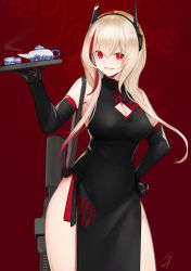 Rule 34 | 1girl, :d, bare shoulders, black gloves, blonde hair, breasts, chinese clothes, cleavage, cleavage cutout, clothing cutout, cup, elbow gloves, girls&#039; frontline, gloves, hair between eyes, hand on own hip, hayabusa, headgear, highres, large breasts, long hair, looking at viewer, m4 sopmod ii, m4 sopmod ii (girls&#039; frontline), open mouth, red background, red eyes, simple background, slit pupils, smile, solo, teapot