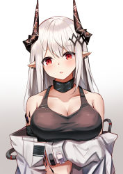 Rule 34 | 1girl, aratake, arknights, bare shoulders, black choker, blush, breasts, choker, collarbone, commentary request, crop top, gradient background, grey background, highres, horns, infection monitor (arknights), large breasts, long hair, long sleeves, looking at viewer, material growth, midriff, mudrock (arknights), mudrock (elite ii) (arknights), navel, off shoulder, oripathy lesion (arknights), parted lips, pointy ears, red eyes, silver hair, solo, sports bra, stomach, upper body, white background