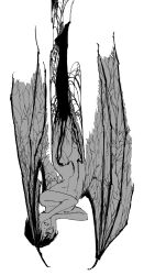 Rule 34 | 1girl, barefoot, colored extremities, completely nude, demon girl, demon wings, falling, greyscale, hands on own face, highres, looking at viewer, monochrome, nude, one eye covered, open mouth, original, short hair, simple background, sketch, solo, syalgu, upside-down, veins, wings
