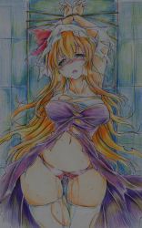 Rule 34 | 1girl, absurdres, bad id, bad pixiv id, bdsm, blonde hair, blush, bondage, bound, breasts, colored pencil (medium), hat, highres, large breasts, long hair, nichibotsu (kitaziman), open mouth, panties, pee, peeing, peeing self, rope, solo, tears, thighhighs, torn clothes, torn thighhighs, touhou, traditional media, underwear, watatsuki no toyohime, white thighhighs, yellow eyes