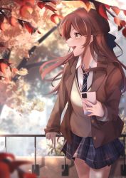 Rule 34 | 1girl, absurdres, against railing, autumn, autumn leaves, blue skirt, blush, bow, branch, brown hair, brown jacket, cardigan, cellphone, collared shirt, commentary request, cowboy shot, dappled sunlight, day, hair between eyes, hair bow, half updo, hand on railing, highres, holding, holding phone, idolmaster, idolmaster shiny colors, jacket, leaf, against railing, long hair, looking to the side, necktie, odecono3, open mouth, osaki amana, outdoors, phone, plaid, plaid skirt, pleated skirt, railing, school uniform, shirt, skirt, smartphone, smile, solo, standing, sunlight, teeth, tree, white shirt, yellow cardigan, yellow eyes