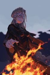 Rule 34 | 1girl, blindfold, blonde hair, blurry, blurry background, breasts, cape, capelet, cloak, closed mouth, commentary, covered eyes, cowboy shot, dark souls (series), dark souls iii, dress, english commentary, fire, fire keeper, frown, highres, jewelry, jiro (ninetysix), long hair, mask, necklace, solo