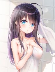 Rule 34 | 1girl, ahoge, arm up, bad id, bad twitter id, blue eyes, blush, breasts, brown hair, closed mouth, collarbone, covering privates, dana (hapong07), drying, drying hair, hair between eyes, hand up, head tilt, highres, long hair, looking at viewer, medium breasts, nude cover, original, solo, tile wall, tiles, towel, upper body, very long hair, wet, wet hair