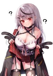 Rule 34 | 1girl, ?, @ @, black hair, breasts, cleavage, closed mouth, clothes lift, commentary request, fang, garter straps, grey hair, hair ornament, highres, hololive, large breasts, lifted by self, long hair, looking at viewer, multicolored hair, plaid, plaid skirt, red eyes, red skirt, sakamata chloe, sakamata chloe (1st costume), shishou (doragyurosu), simple background, skirt, skirt lift, smile, solo, standing, streaked hair, thighs, unworn skirt, virtual youtuber, white background, x hair ornament