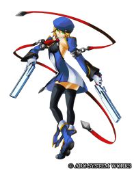 Rule 34 | 1girl, arc system works, arched back, beret, black thighhighs, blazblue, blazblue: continuum shift, blonde hair, blue footwear, boots, dress, dual wielding, fighting stance, flat chest, from behind, full body, gloves, green eyes, gun, handgun, hat, holding, katou yuuki, looking back, necktie, noel vermillion, official art, ribbon, short dress, short hair, solo, standing, thighhighs, transparent background, weapon, yuki kato