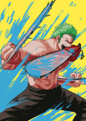 Rule 34 | 1boy, abs, alternate weapon, black pants, chainsaw, chainsaw man, commentary, crossover, denji (chainsaw man), english commentary, green hair, highres, holding, holding chainsaw, holding weapon, legs apart, long sideburns, male focus, muscular, muscular male, one piece, pants, pectorals, roronoa zoro, topless male, short hair, sideburns, solo, stomach, tina fate, triple wielding, weapon