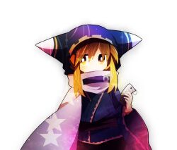 Rule 34 | 1boy, blue jacket, bright pupils, brown hair, cape, commentary request, cowboy shot, eyes visible through hair, hood, hood up, hooded jacket, jacket, kirby (series), long sleeves, magolor, male focus, nintendo, personification, short hair with long locks, simple background, solo, star (symbol), usagi nui, white background, white cape, white pupils, wide sleeves, yellow eyes
