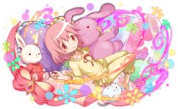 Rule 34 | 1girl, alternate costume, animal ears, artist request, barefoot, blush, collarbone, crash fever, flower (symbol), game cg, heart, heart-shaped pillow, heart print, holding, holding stuffed toy, jewelry, kaname madoka, kyubey, looking at viewer, lying, mahou shoujo madoka magica, mahou shoujo madoka magica (anime), mouse ears, official alternate costume, official art, official style, on back, on bed, open mouth, outline, pajamas, pants, pendant, pillow, pink eyes, pink hair, pink ribbon, rabbit ears, red outline, ribbon, saturated, short hair, solo focus, sparkle, star (symbol), stuffed animal, stuffed toy, tachi-e, transparent background, window, yellow pajamas, yellow pants, yellow ribbon