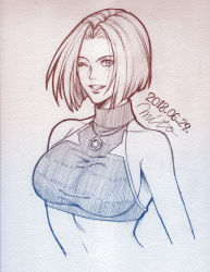 Rule 34 | 1girl, 2018, blue mary, breasts, dated, female focus, grin, large breasts, looking at viewer, midriff, mito amatsu, one eye closed, sideboob, smile, snk, the king of fighters, wink