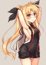 Rule 34 | 1girl, aran sweater, arched back, armpits, arms up, backless dress, backless outfit, black ribbon, black sweater, blonde hair, blush, breasts, brown eyes, cable knit, cowboy shot, dress, fate testarossa, grey background, hair ribbon, halterneck, highres, long hair, looking at viewer, lyrical nanoha, mahou shoujo lyrical nanoha, medium breasts, meme attire, naked sweater, parted bangs, parted lips, raiou, ribbon, sideboob, simple background, solo, standing, sweater, sweater dress, tears, thighs, turtleneck, turtleneck sweater, twintails, very long hair, virgin killer sweater