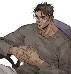 Rule 34 | 1boy, bara, brown hair, facial hair, feet out of frame, from above, frown, ggang19998, glasses, goatee stubble, highres, interlocked fingers, large pectorals, looking at viewer, male focus, mature male, muscular, muscular male, mustache stubble, old, old man, original, own hands together, pectorals, sanpaku, short hair, sideburns, solo, sparse stubble, stubble, thick eyebrows
