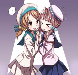 Rule 34 | &gt; &lt;, 10s, 2girls, :o, ?, ahoge, bad id, blush, brown hair, error musume, closed eyes, flying sweatdrops, girl holding a cat (kancolle), hair ribbon, holding hands, hat, interlocked fingers, kantai collection, kneeling girl (kancolle), long hair, matsuryuu, military, military uniform, multiple girls, open mouth, personification, ponytail, ribbon, skirt, smile, speech bubble, spoken question mark, tears, twintails, uniform