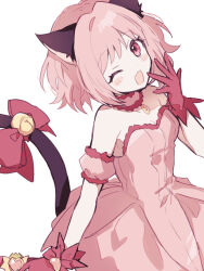 Rule 34 | 1girl, animal ears, bell, bow, breasts, cat ears, cat girl, cat tail, detached sleeves, gloves, hand up, heart, jingle bell, looking at viewer, mew ichigo, momomiya ichigo, one eye closed, open mouth, pink eyes, pink gloves, pink hair, qi7pi, red bow, short hair, simple background, small breasts, solo, tail, tokyo mew mew, white background