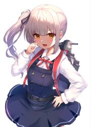 Rule 34 | 1girl, absurdres, belt, blush, buttons, commentary request, dress, hair ribbon, hand on own hip, highres, kantai collection, kasumi (kancolle), kasumi kai ni (kancolle), long hair, long sleeves, looking at viewer, neck ribbon, o-sirius, open mouth, pinafore dress, red ribbon, ribbon, rigging, school uniform, shirt, side ponytail, silver hair, simple background, sleeveless, sleeveless dress, smile, solo, white background, white shirt, yellow eyes