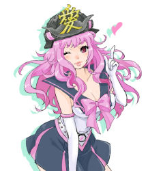Rule 34 | 1girl, acha, armor, blush, bow, breasts, cleavage, elbow gloves, gloves, heart, helmet, impossible clothes, impossible shirt, japanese armor, kabuto (helmet), large breasts, leaning forward, lips, lipstick, long hair, makeup, mole, one eye closed, onegai! ranking, onegai pink, pink eyes, pink hair, pink lips, pointing, shirt, simple background, skirt, solo, wavy hair