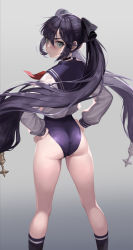 Rule 34 | 1girl, ass, black choker, black hair, black socks, blue eyes, blue one-piece swimsuit, choker, crop top, crop top overhang, from behind, frown, genshin impact, gradient background, hair ribbon, hands on own hips, highleg, highleg swimsuit, highres, kneehighs, long hair, long sleeves, looking at viewer, looking back, m2 (guvn5745), mona (genshin impact), neckerchief, one-piece swimsuit, ribbon, sailor collar, sailor shirt, shirt, socks, solo, swimsuit, taut clothes, taut swimsuit, thighs, twintails, v-shaped eyebrows, very long hair, white shirt