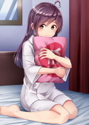 Rule 34 | 1girl, ahoge, barefoot, bed, bed sheet, brown eyes, fingernails, hagikaze (kancolle), highres, kamelie, kantai collection, long hair, hugging object, one side up, pajamas, pillow, pillow hug, purple hair, shirt, short sleeves, sitting, smile, solo, wariza, white shirt, yes-no pillow