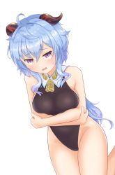 Rule 34 | ahoge, arms under breasts, bell, black leotard, blue hair, blush, breasts, covering privates, covering breasts, ganyu (genshin impact), genshin impact, highres, horns, leotard, long hair, looking at viewer, medium breasts, neck bell, no gloves, no legwear, purple eyes, sidelocks, sleeveless, solo, sonao, sweat, wavy mouth, white background