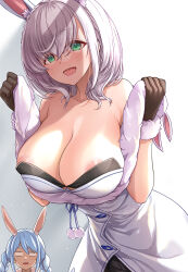 Rule 34 | 2girls, animal ears, areola slip, bare shoulders, blue hair, braid, breast envy, breast hold, breasts, cleavage, collarbone, cosplay, costume switch, dress, green eyes, grey hair, hair between eyes, highres, hololive, large breasts, leaning forward, looking at viewer, medium hair, mk (mod0), multiple girls, open mouth, rabbit ears, shirogane noel, simple background, smile, strapless, strapless dress, usada pekora, usada pekora (1st costume), usada pekora (cosplay), virtual youtuber