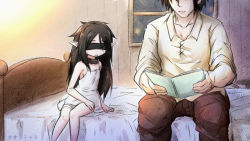 Rule 34 | 1boy, 1girl, bandaged leg, bandages, bare arms, bare shoulders, bed, black collar, black hair, blindfold, book, brown pants, brown shirt, collar, collarbone, collared shirt, dress, head out of frame, highres, holding, holding book, indoors, neon-tetora, on bed, open book, original, pants, parted lips, shirt, short sleeves, sitting, sleeveless, sleeveless dress, white dress, window
