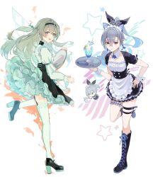 Rule 34 | 2girls, absurdres, alternate costume, animal ears, apron, aqua hair, belt, black footwear, black hairband, black skirt, boots, bow, closed mouth, cross-laced footwear, crossed bangs, enmaided, fake animal ears, firefly (honkai: star rail), full body, garter straps, grey eyes, grey hair, hair between eyes, hair bow, hairband, high heels, highres, holding, holding tray, honkai: star rail, honkai (series), ikenotori, knee boots, lace-up boots, long hair, looking at viewer, maid, maid headdress, mary janes, multicolored eyes, multiple girls, ponytail, shirt, shoes, short sleeves, silver wolf (honkai: star rail), simple background, skirt, standing, standing on one leg, teeth, thigh belt, thigh strap, thighhighs, tray, upper teeth only, white apron, white shirt, wolf ears, wrist cuffs