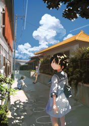 Rule 34 | 3girls, alley, architecture, bag, black hair, blush, bush, chalk, circle, cloud, commentary, contrail, day, drawing, east asian architecture, hakuto 173, highres, house, inami hatoko, light, long hair, looking at viewer, looking back, multiple girls, original, overpass, plant, power lines, railing, reaching, reaching towards viewer, sandals, scenery, school bag, school uniform, serafuku, shadow, short hair, shorts, skirt, sky, town, utility pole, waving