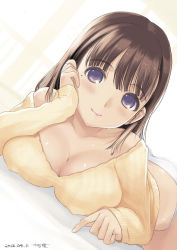Rule 34 | 1girl, anegasaki nene, bad id, bad twitter id, blush, breasts, brown hair, cleavage, covered erect nipples, hand on own cheek, hand on own face, head rest, kiya shii, large breasts, looking at viewer, love plus, lying, mole, mole under eye, no pants, on side, on stomach, panties, purple eyes, ribbed sweater, smile, solo, sweater, underwear, white panties