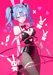 Rule 34 | 1girl, absurdres, ace (playing card), ace of hearts, ace of spades, animal ears, bare arms, bare shoulders, black leotard, blue eyes, blue hair, blush, bound, bow, bowtie, breasts, card, clothing cutout, cutout above navel, detached collar, fake animal ears, fake tail, fishnet pantyhose, fishnets, hair ornament, hairband, hatsune miku, heart, heart cutout, heart hair ornament, highres, large breasts, leotard, looking at viewer, necktie, pantyhose, pink background, pink bow, pink bowtie, pink necktie, pink pupils, playing card, rabbit ears, rabbit hole (vocaloid), rabbit tail, ribbon, simsimhea, spade (shape), spaghetti strap, tail, tied up (nonsexual), vocaloid, white hairband, x hair ornament