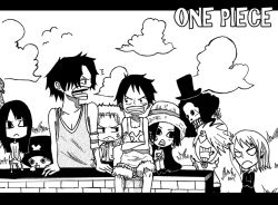 Rule 34 | 3girls, 5boys, boa hancock, brook (one piece), brothers, child, copyright name, hat, monkey d. luffy, monochrome, multiple boys, multiple girls, nami (one piece), nico robin, one piece, portgas d. ace, reindeer, roronoa zoro, sanji (one piece), siblings, skeleton, straw hat, tony tony chopper, top hat, aged down