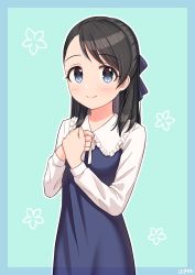 Rule 34 | 1girl, aged down, asymmetrical bangs, black hair, blush, collared dress, commission, dress, floral print, highres, idolmaster, idolmaster cinderella girls, kurihara nene, looking at viewer, own hands together, patterned background, skeb commission, smile, solo, swept bangs, upper body, wgm oekaki