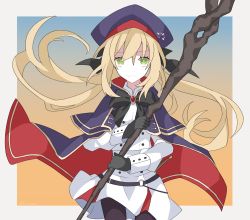 Rule 34 | 1girl, artoria caster (fate), artoria caster (second ascension) (fate), artoria pendragon (fate), black bow, black gloves, black ribbon, blonde hair, bow, buttons, cloak, double-breasted, fate/grand order, fate (series), gloves, green eyes, hair between eyes, hair ribbon, hat, highres, holding, holding staff, holding weapon, kujiramaru, long hair, looking at viewer, morgan le fay (fate), pantyhose, ribbon, skirt, solo, staff, two-sided cloak, two-sided fabric, upper body, weapon, white skirt, white uniform