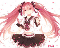 Rule 34 | 1girl, artist name, black skirt, frilled skirt, frills, hair ribbon, hatsune miku, highres, kan (rainconan), long hair, looking at viewer, outstretched arm, outstretched hand, petals, pink eyes, pink hair, ribbon, simple background, skirt, smile, solo, vocaloid