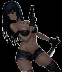 Rule 34 | 1girl, animated, animated gif, artist request, between breasts, black panties, black thighhighs, blue hair, breasts, character request, cleavage, crop top, cutoffs, denim, denim shorts, dual wielding, gloves, gun, handgun, holding, knife, long hair, looking back, midriff, navel, panties, red eyes, short shorts, shorts, solo, source request, strap slip, tank top, thighhighs, torn clothes, transparent background, unbuttoned, underwear, unzipped, weapon