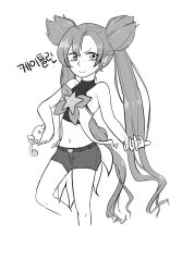 Rule 34 | 1girl, alternate costume, alternate hairstyle, female focus, highres, jinx (league of legends), league of legends, long hair, magical girl, monochrome, navel, shiro (league of legends), solo, star guardian (league of legends), star guardian jinx, translation request, twintails, very long hair, white background