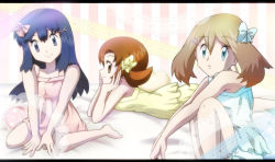 Rule 34 | 3girls, alternate hairstyle, armpits, barefoot, blue eyes, blue hair, brown eyes, brown hair, child, creatures (company), dawn (pokemon), eyelashes, facing to the side, facing viewer, feet, feet up, flat chest, friends, full body, game freak, gen 3 pokemon, gen 4 pokemon, grey eyes, hair down, hair ornament, happy, head rest, indoors, kneeling, knees to chest, knees together feet apart, knees up, legs, long hair, looking at viewer, lying, lyra (pokemon), may (pokemon), medium hair, multiple girls, neck, nintendo, on stomach, own hands together, pajamas, parted bangs, pokemon, pokemon dppt, pokemon hgss, pokemon rse, shy, side bangs, sidelocks, sitting, sleepover, smile, surprised, thighs, twintails, unworn headwear, y@mato