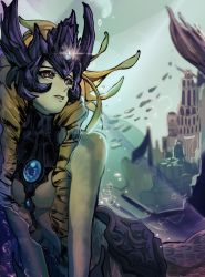 Rule 34 | 1girl, air bubble, blurry, bubble, building, colored skin, glint, green skin, headpiece, highres, league of legends, mermaid, monster girl, nami (league of legends), nan na, parted lips, red eyes, school of fish, solo, underwater, upper body