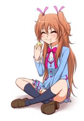 Rule 34 | 10s, 1girl, :i, ^ ^, blue shirt, blush, bow, brown hair, closed eyes, eating, food, food on face, full body, houjou hibiki, indian style, kneehighs, loafers, long hair, ogry ching, pink bow, precure, school uniform, shirt, shoes, simple background, sitting, socks, solo, suite precure, two side up, white background