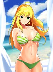 Rule 34 | 1girl, ahoge, arms behind back, beach, bikini, blonde hair, blue sky, blush, breasts, cleavage, cloud, collarbone, commentary request, cowboy shot, curtains, day, green bikini, green eyes, groin, halterneck, highres, hoshii miki, idolmaster, idolmaster (classic), large breasts, light blush, lmsu, long hair, looking at viewer, navel, ocean, outdoors, sidelocks, sky, smile, solo, standing, stomach, striped bikini, striped clothes, swimsuit, thigh gap, thighs, water