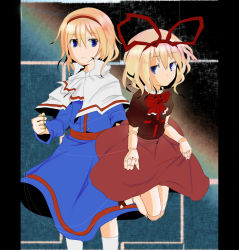Rule 34 | 2girls, alice margatroid, bizen kurage, blonde hair, blue eyes, colorized, doll joints, female focus, fuukadia (narcolepsy), highres, joints, medicine melancholy, multiple girls, pillarboxed, puppet rings, puppet strings, ring, touhou