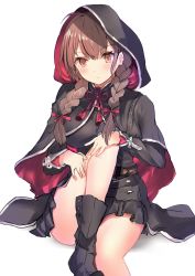 Rule 34 | 1girl, belt, black capelet, black dress, black footwear, boots, braid, breasts, brown belt, brown eyes, brown hair, capelet, dress, highres, hood, hood up, hooded capelet, kantai collection, large breasts, long hair, looking at viewer, o-sirius, pleated dress, red ribbon, ribbon, shinshuu maru (kancolle), simple background, sitting, solo, twin braids, white background