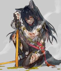 Rule 34 | 1girl, animal ear piercing, animal ears, arknights, belt, black footwear, black gloves, black hair, blood, blood on face, boots, dissolving clothes, fingerless gloves, gloves, holding, holding sword, holding weapon, injury, long hair, mutomorokoshi, one eye closed, orange eyes, parted lips, planted, planted sword, planted weapon, red belt, simple background, smoke, solo, sword, tail, texas (arknights), torn clothes, weapon, wolf ears, wolf girl, wolf tail