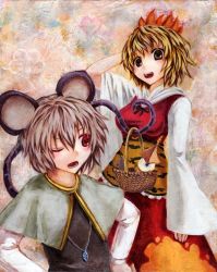 Rule 34 | 2girls, animal ears, animal print, arm behind head, basket, bishamonten&#039;s pagoda, blonde hair, brown hair, capelet, female focus, gem, grey hair, hair ornament, hands on own hips, jewelry, kabaji, long sleeves, mouse (animal), mouse ears, mouse tail, multicolored hair, multiple girls, nazrin, necklace, oil painting (medium), one eye closed, open mouth, painting (medium), pendant, red eyes, tail, tiger print, toramaru shou, touhou, traditional media, two-tone hair, wide sleeves, wink, yellow eyes