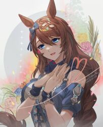 Rule 34 | 1girl, animal ears, arm garter, bare shoulders, blue dress, blue eyes, bow, braid, braided ponytail, breasts, brown hair, dress, flower, hair between eyes, hair bow, heart, horse ears, long hair, looking at viewer, medium breasts, multicolored hair, open mouth, own hands together, sleeveless, sleeveless dress, smile, solo, sparkle, streaked hair, super creek (umamusume), umamusume, upper body, wrist cuffs, youmicitrustea