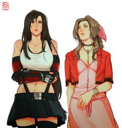 Rule 34 | 2girls, aerith gainsborough, arm guards, black hair, bolo tie, bow, bracelet, brown eyes, brown hair, crop top, cropped jacket, crossed arms, dress, elbow gloves, final fantasy, final fantasy vii, final fantasy vii remake, fingerless gloves, gloves, green eyes, hair bow, jacket, jewelry, long hair, looking at another, low-tied long hair, midriff, multiple girls, parted lips, pink dress, pleated skirt, red jacket, saint dri, simple background, skirt, sleeveless, square enix, tank top, thighhighs, tifa lockhart, very long hair, zettai ryouiki