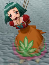 Rule 34 | 00s, 1girl, arms behind back, asphyxiation, ball gag, bdsm, bondage, bound, box tie, breast bondage, drowning, farah oersted, gag, green hair, kannazuki okuto, peril, reflection, rope, short hair, solo, tales of (series), tales of eternia, wading, water