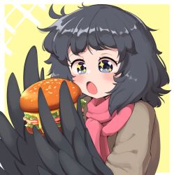 Rule 34 | 1girl, black eyes, black hair, blush, borrowed character, burger, commission, commissioner upload, crowgirl, feathered wings, feathers, food, harpy, highres, messy hair, monster girl, open mouth, original, red scarf, scarf, sifserf, solo, sparkling eyes, winged arms, wings, yellow background