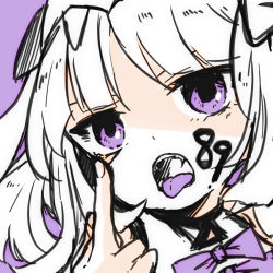 Rule 34 | 1girl, bow, facepaint, fangs, fingernails, hair ornament, haku (p&amp;d), highres, long hair, middle finger, open mouth, pikomarie, purple background, purple bow, purple eyes, puzzle &amp; dragons, simple background, solo, tongue, tongue out, tsurime, upper body, white hair